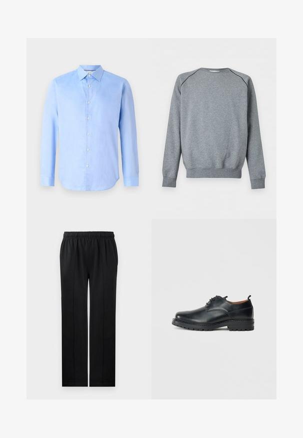Sudadera sencilla gris de manga larga con puños y bajo acanalados, que presenta una fina ribete negra a lo largo de las costuras del hombro.; Camisa de botón de mangas largas color azul claro, hecha de tela tejida. Presenta un cuello clásico y seis botones frontales. Textura suave y diseño ajustado.; Pantalones negros de tela suave con cintura elástica, diseño de pierna recta y dos bolsillos laterales. Presenta detalles de costura oculta.; Zapatos derby de cuero negro con una textura suave, punta redondeada, diseño de cordones y una suela de goma gruesa y resistente.