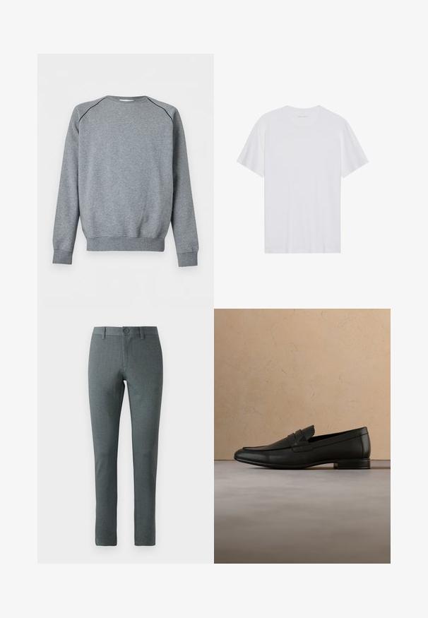 Sweat-shirt gris uni à manches longues avec poignets et ourlet côtelés, présentant un fin passepoil noir le long des coutures d'épaule.; T-shirt en coton blanc à manches courtes, col rond et texture lisse. Présente un branding minimal au niveau du col.; Pantalons gris ajustés en tissu texturé, coupe droite, fermeture à bouton, passants de ceinture et design slim.; Mocassin en cuir noir flottant au-dessus d'un tapis beige avec un canapé beige dans un intérieur minimaliste.