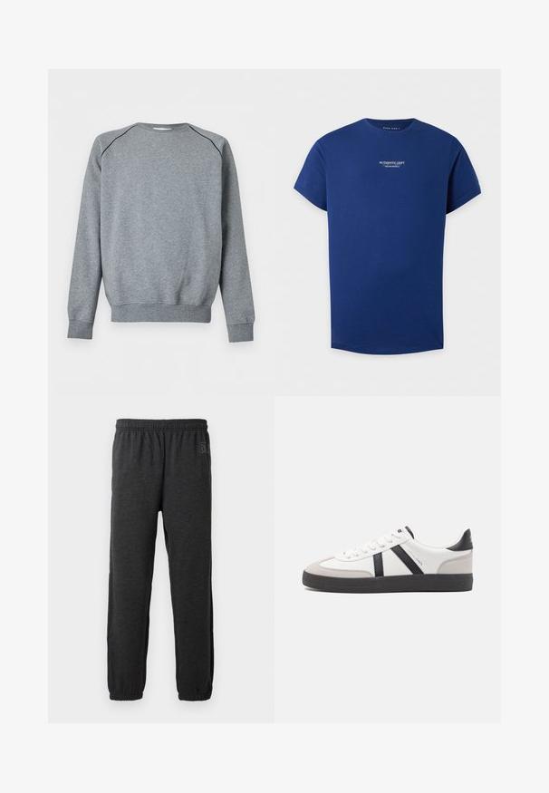 Sudadera sencilla gris de manga larga con puños y bajo acanalados, que presenta una fina ribete negra a lo largo de las costuras del hombro.; Camiseta azul marino de manga corta con texto blanco "Authentic Dept Pier One Originals" en el centro delantero.; Pantalones de chándal grises hechos de una tela suave, con una cinturilla elástica y piernas ajustadas con puños elásticos. Detalle sutil del logo en una pierna.; Zapatilla blanca con acentos en negro y gris, que presenta una puntera texturizada en gris, suela de goma negra y cordones planos blancos. Diseño limpio, estilo minimalista.
