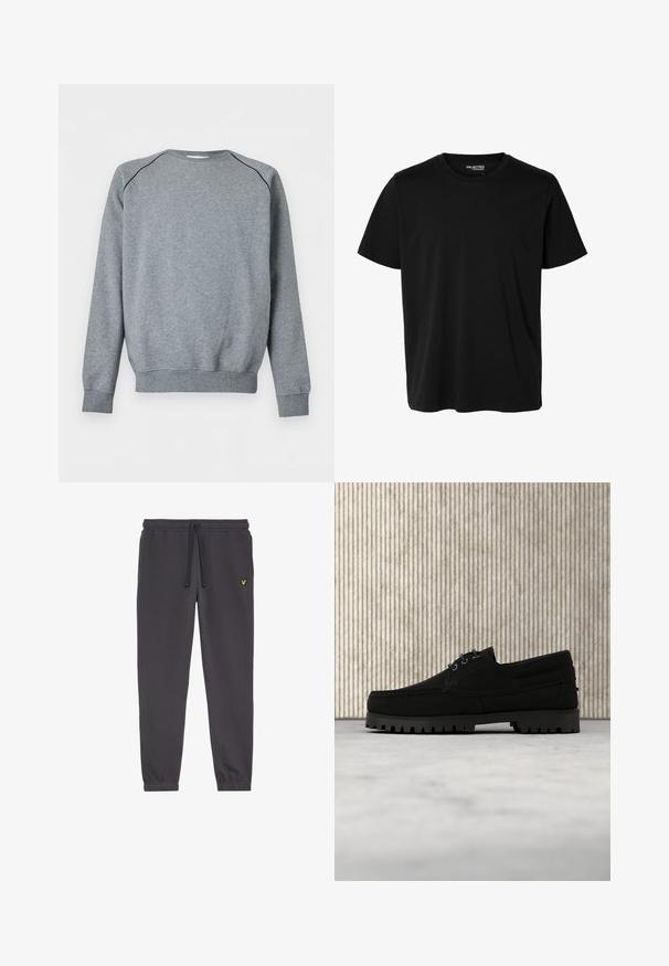 Sudadera sencilla gris de manga larga con puños y bajo acanalados, que presenta una fina ribete negra a lo largo de las costuras del hombro.; Camiseta negra lisa de manga corta y cuello redondo con corte de hombre, sin patrones ni logotipos visibles en el delantero.; Pantalones de chándal gris oscuro, hechos de una tela suave, con una cintura elástica con cordón, puños en los tobillos y un pequeño logotipo amarillo en el muslo izquierdo.; Zapato negro de cordones con suela gruesa y acanalada flotando sobre una alfombra beige, mesa redonda moderna de color marrón en un fondo de habitación con luz suave.