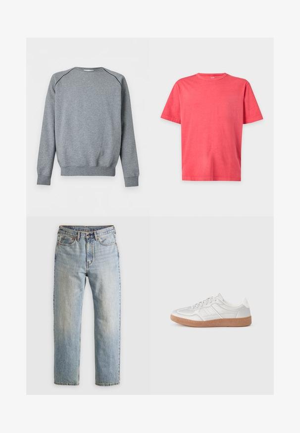 Sweat-shirt gris uni à manches longues avec poignets et ourlet côtelés, présentant un fin passepoil noir le long des coutures d'épaule.; T-shirt uni rose corail vif à manches courtes et col rond avec une coupe régulière sur fond blanc.; Jean en denim bleu clair à taille haute, avec bouton avant, fermeture éclair et design à cinq poches, posé à plat sur un fond neutre.; Baskets argentées avec une texture lisse, un design à lacets, des accents perforés et une semelle en caoutchouc marron texturé.