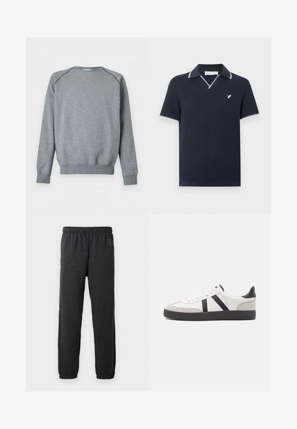 Enkelt gråt sweatshirt med lange ærmer, ribbet kant ved ærmer og bund, med tynd sort piping langs skuldersømmene.; Marineblå polo-shirt med korte ærmer og hvide kanter på krave og ærmer, med en lille hvid fugle-logo på brystet.; Grå sweatpants lavet af blødt stof, med elastisk talje og indsnævrede ben med elastiske manchetter. Subtilt logo detalje på det ene ben.; Hvide sneakers med sorte og grå detaljer, med en tekstureret grå tåhætte, sort gummisål og flade hvide snørebånd. Rent design, minimalistisk stil.