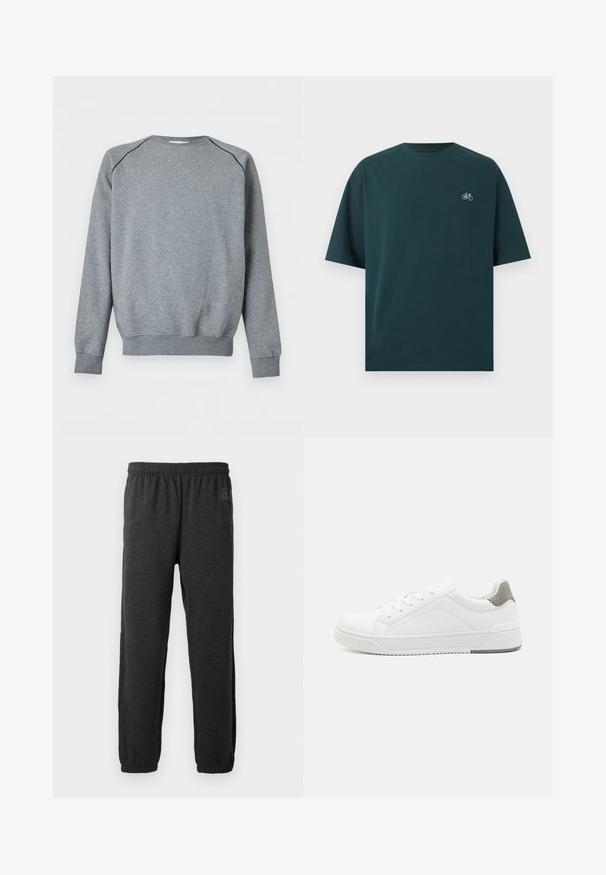 Enkelt gråt sweatshirt med lange ærmer, ribbet kant ved ærmer og bund, med tynd sort piping langs skuldersømmene.; Mørkegrøn t-shirt med korte ærmer, rund hals og lille hvid cykel-ikon på venstre bryst.; Grå sweatpants lavet af blødt stof, med elastisk talje og indsnævrede ben med elastiske manchetter. Subtilt logo detalje på det ene ben.; Hvid sneaker lavet af glat læder, rund tå, minimalistisk design, grå hælafsats og tekstureret gummisål.