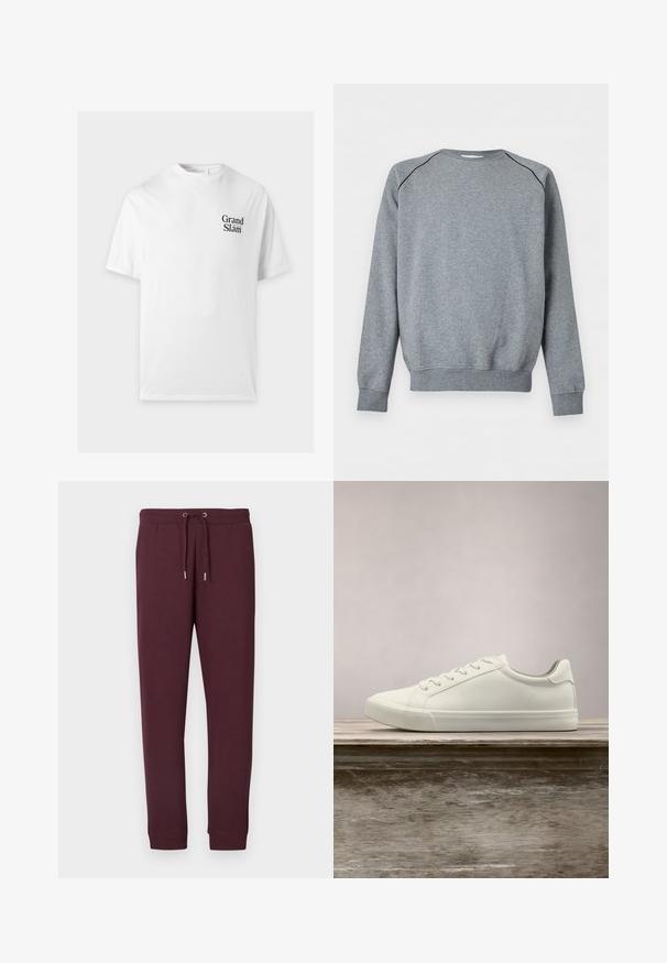 Sweat-shirt gris uni à manches longues avec poignets et ourlet côtelés, présentant un fin passepoil noir le long des coutures d'épaule.; T-shirt blanc à manches courtes avec texte noir "Grand Slam" sur la poitrine gauche et col rond.; Pantalon de survêtement bordeaux en tissu doux, avec une taille élastique à cordon de serrage et des poignets côtelés aux chevilles. Sans poches.; Sneaker en dentelle blanche flottant au-dessus d'un banc en bois avec un feuillage vert en arrière-plan, mettant en valeur le design et la texture de la chaussure.