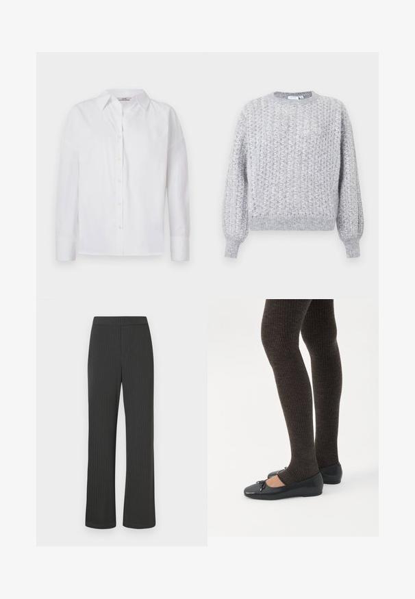 Grijs gebreid sweater met een geometrisch patroon, ronde hals, ribbelmanchetten en -zoom, met een iets losse pasvorm.; Witte button-up shirt van katoen, met lange mouwen, een klassieke kraag en subtiele stikdetails.; Zwarte gestreepte broeken met een rechte pijpdesign, voorzien van een elastische tailleband en een zachte, gestructureerde stof.; Benen met donkere geribbelde leggings gecombineerd met zwarte ballerina's met kleine strikdetails op een witte achtergrond.