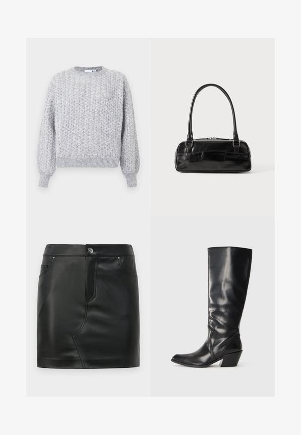 Grauer gestrickter Pullover mit geometrischem Muster, rundem Halsausschnitt, gerippten Bündchen und Saum sowie einer leicht lockeren Passform.; Schwarzer MINI ROCK aus Kunstleder mit vorderem Knopf, Reißverschluss, vorderen und hinteren Taschen sowie Nahtdetails.; Schwarze Leder-Stiefel bis zum Knie mit spitzem Zeh, angularer Ferse und glatter Textur. Verfügt über einen dezenten gesteppten Akzent an der Seite.; Schwarze Lederhandtasche in rechteckiger Form, mit einem stabilen Griff, silbernem Zubehör und Reißverschluss. Glatte Textur.