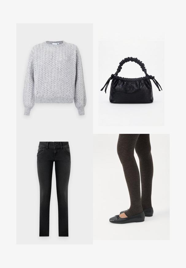 Grijs gebreid sweater met een geometrisch patroon, ronde hals, ribbelmanchetten en -zoom, met een iets losse pasvorm.; Zwarte denim skinny jeans met een dubbele knoop in de tailleband, voorzakken en een gladde, gestructureerde afwerking. Standaard pasvorm, volledig lengte ontwerp.; Benen met donkere geribbelde leggings gecombineerd met zwarte ballerina's met kleine strikdetails op een witte achtergrond.; Zwarte handtas met krokodillenstructuur, geplooide bovenrand, samengevoerde handgreep en koordtassels aan elke kant tegen een witte achtergrond.