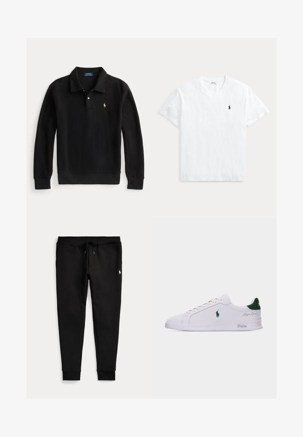 Schwarzes Fleece-Polohemd mit Kragen, ausgestattet mit drei Knöpfen und einem kleinen goldenen Logo. Weicher Stoff, mit langen Ärmeln und einem gerippten Saum.; Weißes T-Shirt mit V-Ausschnitt und kurzen Ärmeln mit kleinem marineblauem Polo Ralph Lauren Pferdelogo auf der linken Brust.; Schwarze Jogginghose mit umgeschlagenen Bündchen, Tunnelzug in der Taille, Seitentaschen und kleinem weißen Polo-Spieler-Logo am rechten Oberschenkel.; Weißer Sneaker mit niedrigem Schaft, grünem Fersenlasche, gesticktem Polo-Pferdelogo an der Seite, "Polo"-Schriftzug auf der Sohle und goldener "Ralph Lauren"-Signatur am Schaft.