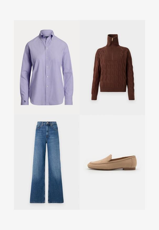 Brauner Pullover mit hohem Kragen und teilweise durchgehendem Reißverschluss, mit einem strukturierten Kabelstrickdesign und gerippten Bündchen sowie Saum.; Hellviolettes Herren-Langarmhemd mit Knopfleiste, geknöpftem Kragen und gesticktem Logo auf der linken Manschette.; Weite blaue Jeans aus Denim, mit hoher Taille, Fünf-Taschen-Design, Knopfverschluss und traditioneller Stickdetail.; Beige Wildleder Slipper mit runder Spitze, minimaler Nahtverarbeitung und einer flachen Gummisohle für Komfort und Stabilität.