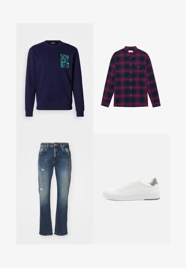 Marineblaue Sweatshirt aus weichem Stoff, mit Rundhalsausschnitt und langen Ärmeln. Es verfügt über ein türkisfarbenes grafisches Design auf der linken Brustseite.; Langärmliges karierter Hemd in Dunkelblau und Burgunderrot, mit Button-Down-Kragen, Brusttasche und goldfarbenen Knöpfen. Weiche Stofftextur.; Bootcut-Jeans aus dunkelblauem Denim mit einem verblassten Finish, mit Abnutzungen an der Vorderseite, Fünf-Taschen-Design und einem Bund mit Knopfverschluss.; Weißer Sneaker aus glattem Leder, runde Zehenpartie, minimalistisches Design, graue Fersenkante und strukturierte Gummisohle.