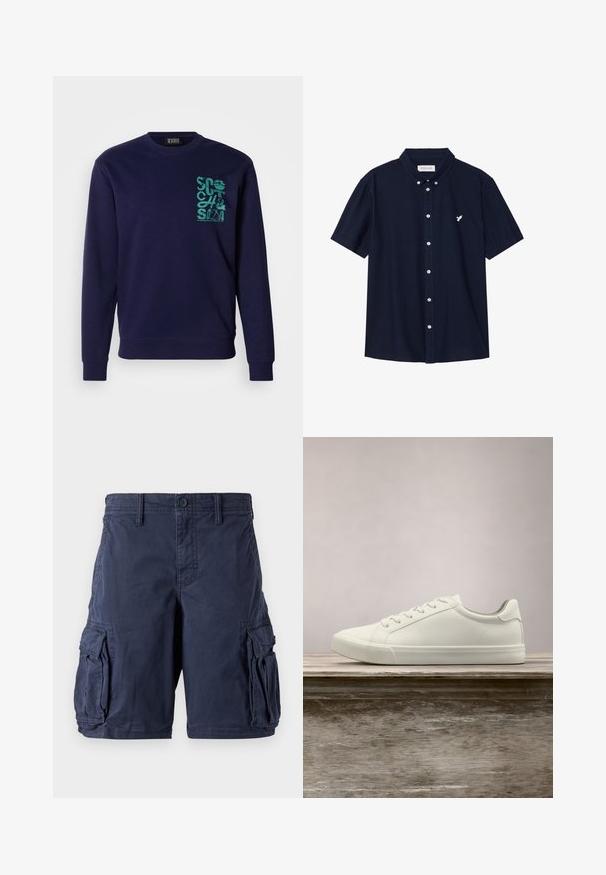 Marineblå sweatshirt lavet af blødt stof med rund hals og lange ærmer. Den har et turkis grafisk design på venstre brystområde.; Marineblå kortærmet skjorte med knapper lavet af bomuld, med en spids krave og et lille hvidt fuglelogo på brystet.; Mørkeblå cargo shorts lavet af bomuld. Har flere sidelommer, knappelukning og en afslappet pasform. Glat tekstur og holdbart design.; Hvide snørresneakers svævende over en træbænk med grønne planter i baggrunden, der fremhæver skodesign og tekstur.