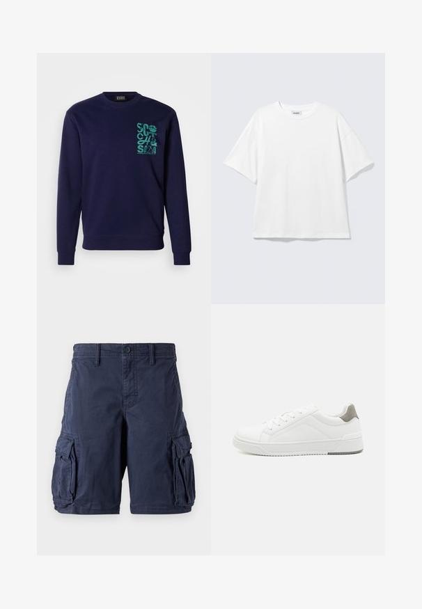Marineblå sweatshirt lavet af blødt stof med rund hals og lange ærmer. Den har et turkis grafisk design på venstre brystområde.; Hvid oversized t-shirt med korte ærmer og rund halsudskæring med sænkede skuldre, fladt lagt på lys grå baggrund.; Mørkeblå cargo shorts lavet af bomuld. Har flere sidelommer, knappelukning og en afslappet pasform. Glat tekstur og holdbart design.; Hvid sneaker lavet af glat læder, rund tå, minimalistisk design, grå hælafsats og tekstureret gummisål.