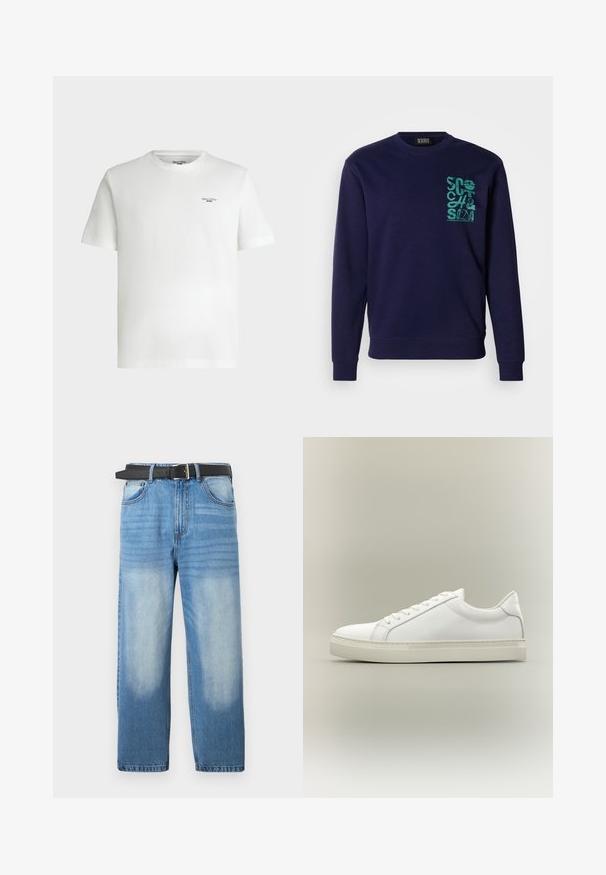 Marineblå sweatshirt lavet af blødt stof med rund hals og lange ærmer. Den har et turkis grafisk design på venstre brystområde.; Hvid kortærmet t-shirt med rund hals og lille sort tekstlogo "Marc O'Polo DENIM" på øverste venstre bryst.; Lys blå denim jeans med lige ben, udstyret med et sort bælte, falmede pletter og subtil diagonalt mønster i den øverste sektion.; Hvid lavtop sneaker med snørebånd foran og tyk sål, vist fra siden mod en neutral baggrund.