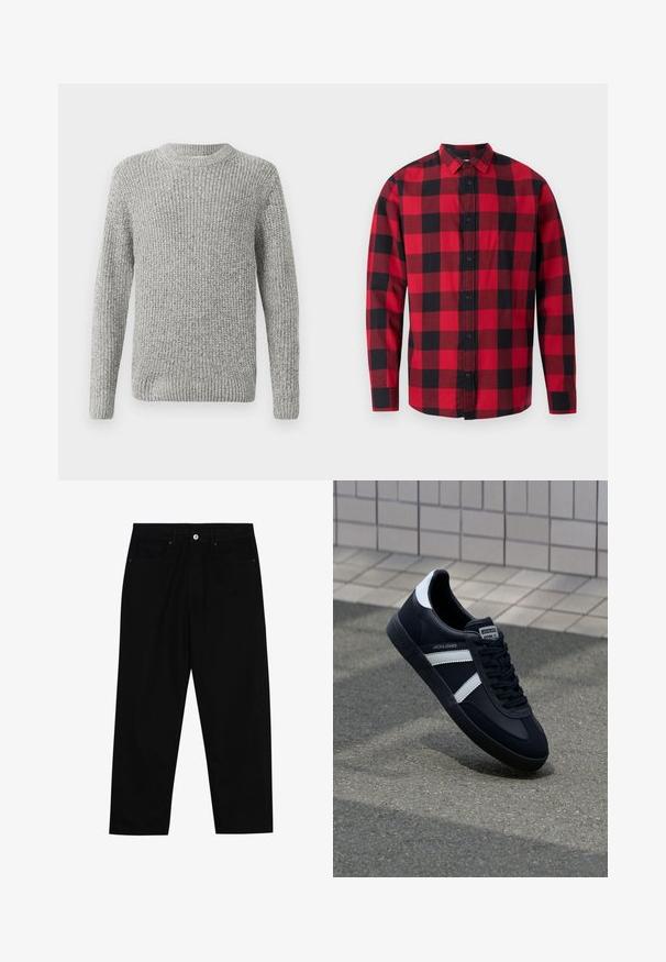 Grå strikket sweater med lange ærmer, rund halsudskæring og ribbede manchetter og kant. Teksturen er tyk og struktureret, velegnet til køligere vejr.; Rødmønstret flannel-skjorte i sort og rød med knaplukning foran, lange ærmer og krave. Har et klassisk ternet mønster.; Sorte denim bukser med lige ben, der har to forlommer, en knaplukning foran og subtile syningsdetaljer.; Sort lædersneaker med hvide striber, tekstureret gummisål og snørrebånd foran. Har et brandet mærke på tungen.