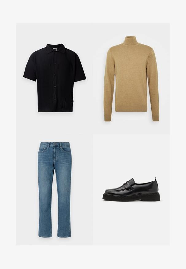 Beige turtleneck-neule, joka on valmistettu pehmeästä neulosmateriaalista. Ominaisuuksiin kuuluvat pitkät hihat ja tiukka muotoilu. Ribperoitu helma ja kauluskoristeet.; Mustapaita lyhyillä hihoilla, jossa on ribbitekstuuri, klassinen kaulus, etupainikkeet ja suora helma. Ei näkyviä kuvioita tai yksityiskohtia.; Vaaleansiniset farkut, joissa on suora lahkeellinen muotoilu, tavallinen vyötärö ja näkyvät ompeleet. Niissä on viisi taskua ja vetoketjullinen suljenta.; Musta nahka loafer-tyyliset kengät, joissa on littee, kuvioitu pohja, jossa on tikattu varvas ja hihna jalkapöydän kohdalla.
