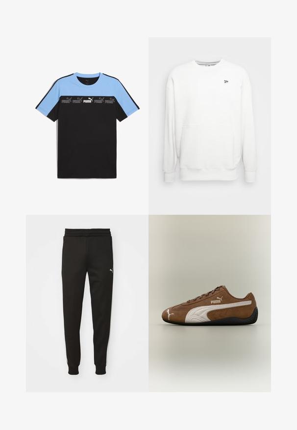 Hvid sweatshirt med struktureret vaffelmønster. Har en ribbet rund halsudskæring, lange ærmer og et lille sort logo på brystet.; Sort og lys blå kortærmet T-shirt med rund hals. Har et vandret bånd, der viser flere Puma-logoer i hvid og sort.; Sorte træningsbukser med tapered fit, elastisk talje, sidelommer og hvide side-striber. Har et lille logo på venstre lår.; Brun ruskindsneaker med hvide accenter og tekstureret design. Har en sort gummisål og et fremtrædende Puma-logo på siden.