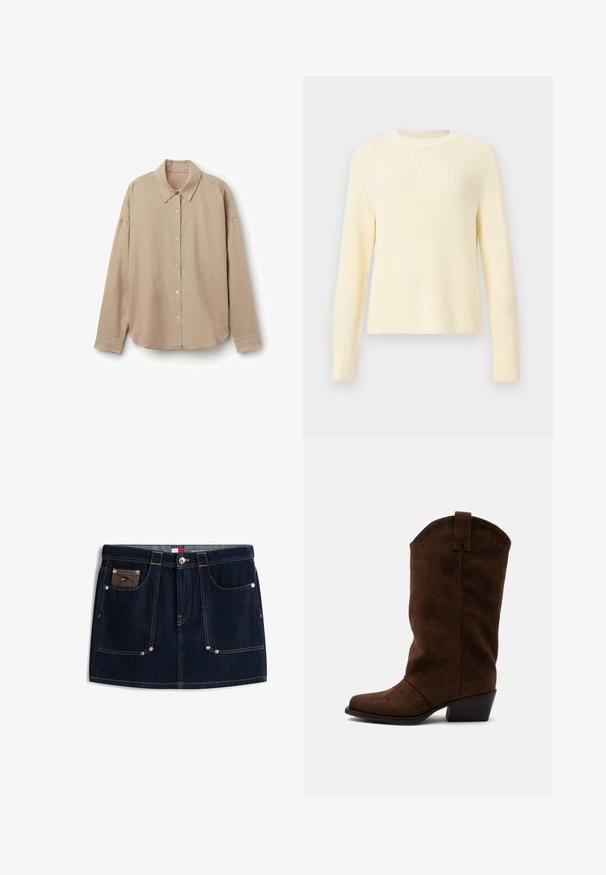 Kremfarvet strikket sweater med lange ærmer, ribstrikkede manchetter og rund halsudskæring på en lys grå baggrund.; Beige langærmet skjorte lavet af letvægtsstof, med krave, knaplukning foran og afrundet kant. Glat tekstur, afslappet pasform.; Denim mininederdel i mørkeblå med kontrasterende guldsyning, med forlommer og en lille patchlomme med logoaccent.; Brune ruskind midt-kalv cowboystøvler med lav stablet hæl og trækflig på en almindelig lys baggrund.