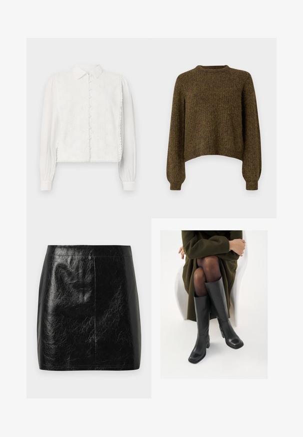 Brun strikket sweater med rund halsudskæring, cropped design og lange ærmer. Tekstureret stof med subtile farvevariationer.; Hvid bluse med krave, knaplukning og blomsterlignende spidsed panel på forsiden. Lange ærmer med samlede manchetter og bølgede kanter.; Sort fusk læder mini nederdel med en glat, blank tekstur, der har en lige skæring og minimal syning ved taljen.; Knæhøje sorte læder støvler med firkantet tå og blokhæl, vist med en model siddende i en olivengrøn frakke. Glat tekstur, minimal detaljer.