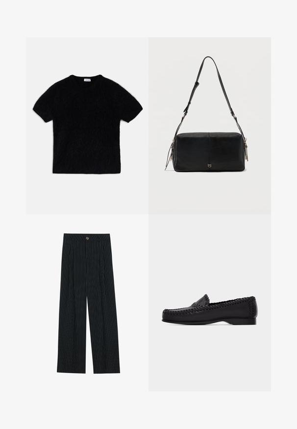 Camiseta de punto negra de manga corta con textura suave y cuello redondo. Presenta un ajuste holgado y un pequeño bolsillo en el pecho.; Pantalones de pierna ancha a rayas negras, fabricados con una tela texturizada, que cuentan con un cierre frontal de botón y un diseño plisado para mayor interés.; Mocasín de cuero negro con costura tejida a lo largo de los bordes y tacón bajo, mostrado de perfil sobre un fondo claro y sencillo.; Bolso de hombro rectangular de cuero negro con correa ajustable y pequeño logo metálico en el centro frontal sobre un fondo liso.