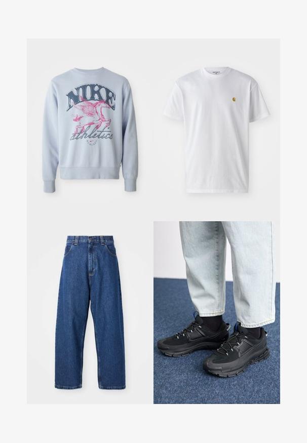 Lyseblå sweatshirt med et stort grafisk motiv af en lyserød vinget hest og "NIKE" tekst i sort. Blødt stof med rund halsudskæring og ribbede manchetter.; Hvid bomulds t-shirt med korte ærmer, rund hals og et lille guld logo på venstre brystområde. Blød tekstur og almindelig pasform.; Denimwide-leg jeans i mørkeblå. Har høj talje, bæltestropper og klassisk fem-lommers design. Syet kant med en ren finish.; Sorte træningssko med tekstureret stof og gummisåler, udstyret med elastiske snørebånd og en blå detalje på hælen. Bæres med lyse denimbukser.