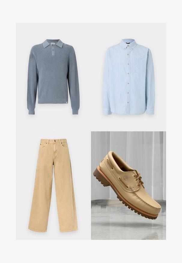Pull-over tricoté bleu avec une texture côtelée, doté d'un col avec ouverture boutonnée. Poignets et ourlet élastiques complètent le design.; Chemise bleu clair à manches longues avec rayures verticales blanches, bleues et beiges, col à boutons, poche poitrine et boutons beiges.; Jean beige taille haute à jambes larges avec bouton avant et fermeture éclair, passants pour ceinture et poches avant sur un fond uni.; Chaussure bateau en cuir marron clair avec semelle épaisse et striée et détails de lacets, flottant au-dessus d'un sol en marbre et d'un fond de stores verticaux blancs.