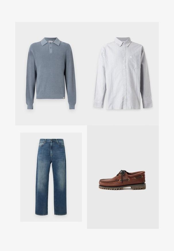 Blå strikket pullover med ribbet struktur, der har en krave og knapstolpe. Elastiske manchetter og kant fuldender designet.; Langærmet skjorte med knapper, grå og hvide lodrette striber, brystlomme og knaplukket krave.; Blå straight-leg jeans med falmede områder på lårene, fem-lomme-stil og lukning med knap og lynlås.; Brune læder bådsko med struktureret overdel, sorte snørebånd og gyldne øjer. Har en holdbar, rillede gummisål.