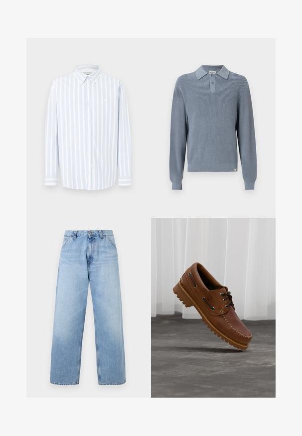 Pull-over tricoté bleu avec une texture côtelée, doté d'un col avec ouverture boutonnée. Poignets et ourlet élastiques complètent le design.; Chemise à manches longues rayée bleu clair et blanc, col boutonné, tissu en coton, avec un petit logo sur la poitrine, coupe droite.; Jean en denim bleu clair à jambes larges avec poches avant, passants pour ceinture, fermeture par bouton, et détails délavés.; Chaussure de bateau en cuir marron avec des lacets noirs, des coutures beiges et une semelle robuste, suspendue au-dessus d'un sol en béton gris.