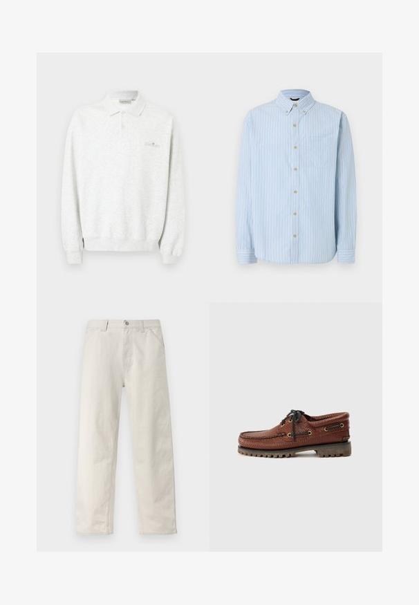 Hvid langærmet polo med to knapper og ribstrikkede manchetter, med diskret broderet logo på brystet.; Lyseblå langærmet skjorte med knapper, hvide, blå og beige lodrette striber, knappet krave, brystlomme og beige knapper.; Lysebeige bukser med lige ben og diskrete lodrette striber, frontknapper, bæltestropper og sidelommer.; Brune læder bådsko med struktureret overdel, sorte snørebånd og gyldne øjer. Har en holdbar, rillede gummisål.