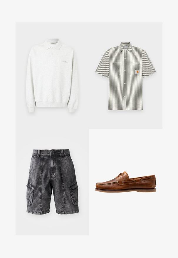 Wit poloshirt met lange mouwen, twee knopen en geribbelde manchetten, met subtiel geborduurd logo op de borst.; Gestreept shirt met korte mouwen in grijs en wit, voorzien van twee borstzakken en een oranje rechthoekige logo patch. Voorzijde met knopen.; Zwarte denim cargo shorts met een vervaagde textuur, twee zijzakken en een knoopsluiting. Kniehoogte met verstevigde stiksels.; Brown leren botenschoen met gestikte accenten, voorzien van metalen oogjes, een verhoogde naad op de neus en een platte rubberen zool.