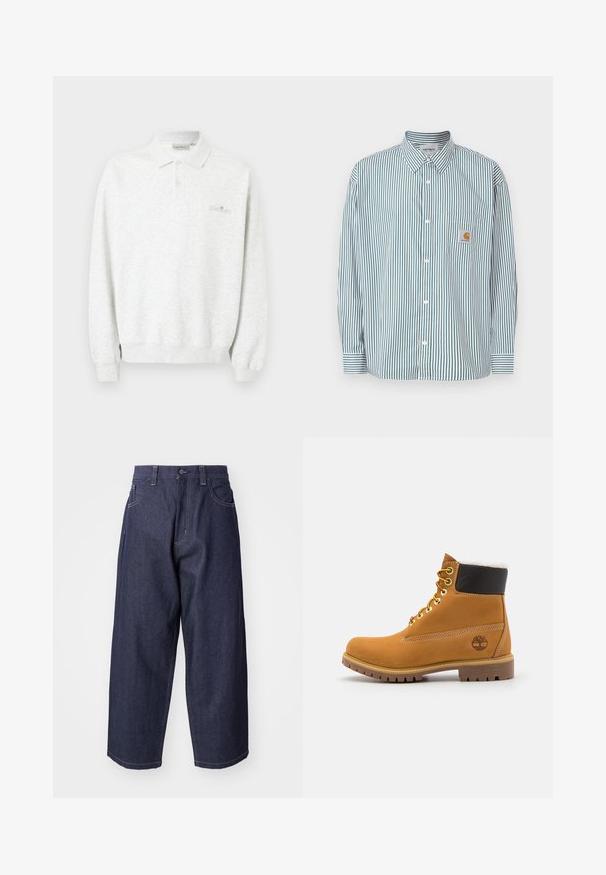 Wit poloshirt met lange mouwen, twee knopen en geribbelde manchetten, met subtiel geborduurd logo op de borst.; Gestreept shirt in groen en wit, voorzien van een kraag met knoopsluiting, lange mouwen, een zak aan de voorkant en een klein logolabel.; Donkerblauwe denim jeans met een losse, wijde pasvorm. Kenmerken zijn een knoopsluiting, steekzakken aan de voorkant en zichtbare stiksels.; Bruine leren enkellaars met metalen oogjes, witte faux bont voering, zwarte gewatteerde kraag, robuuste zool en een reliëflogo aan de zijkant.