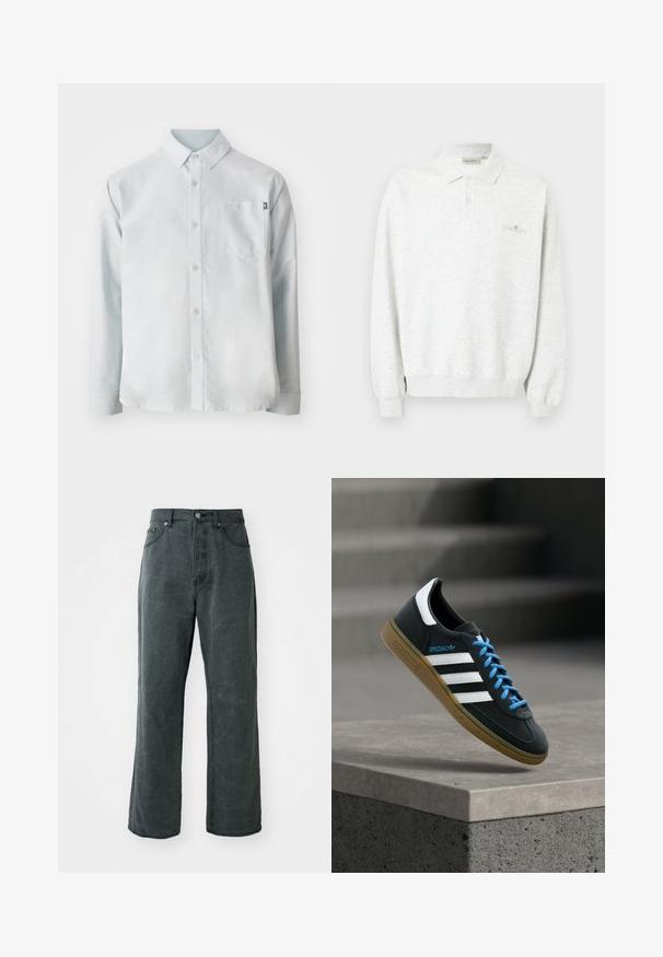 Wit poloshirt met lange mouwen, twee knopen en geribbelde manchetten, met subtiel geborduurd logo op de borst.; New Balance OXFORD - Overhemd - blue; Wijdvallende donkergrijze spijkerbroek van denim, met een hoge taille, vijf-pocket ontwerp en een subtiele versleten textuur.; Zwarte Adidas-sneaker met witte strepen, blauwe veters en een gumzool die boven een grijze betonnen trede zweeft in zacht licht.