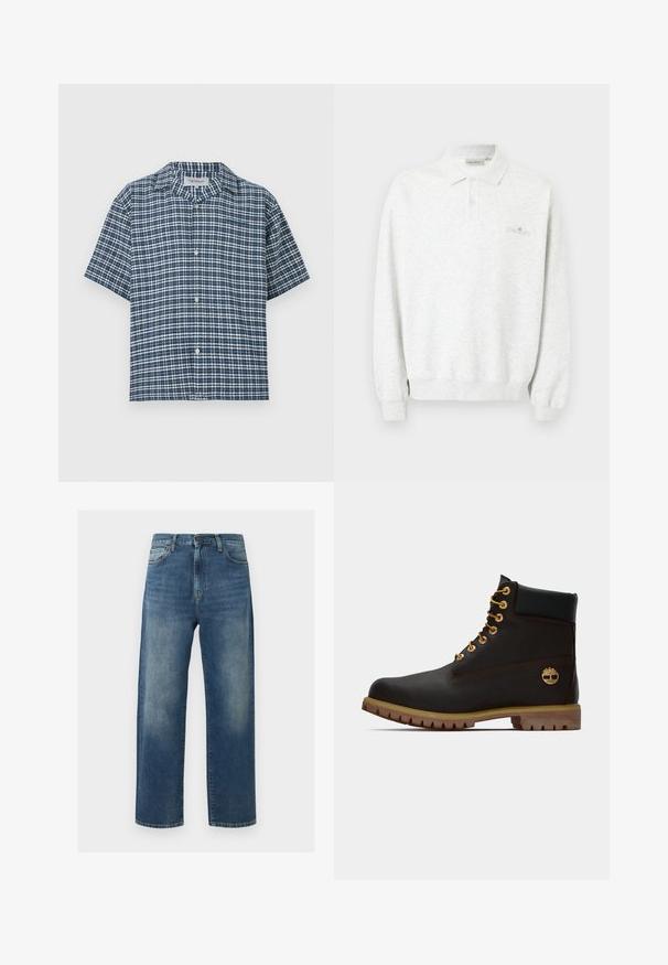 Polo blanc à manches longues avec deux boutons et poignets côtelés, arborant un logo brodé subtil sur la poitrine.; Chemise à manches courtes à boutons, motif à carreaux bleu marine et blanc, col à revers et quatre boutons sur le devant.; Jean bleu droit avec des zones décolorées sur les cuisses, style cinq poches, fermeture par bouton et fermeture éclair.; Bottine noire en cuir avec œillets dorés, accents marron et semelle en caoutchouc. Comprend un col rembourré et un logo estampé sur le côté.