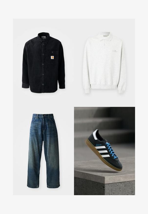 Hvid langærmet polo med to knapper og ribstrikkede manchetter, med diskret broderet logo på brystet.; Sort corduroy skjorte med lange ærmer, knaplukning foran, brystlomme med et lille orange Carhartt logo patch.; Bredde ben blå denimjeans med en falmet finish. Har fem lommer, knaplukning og kontrasterende syninger. Tyk stof.; Sort Adidas sneaker med hvide striber, blå snørebånd og gummisål, der svæver over gråt betontrin i blødt lys.