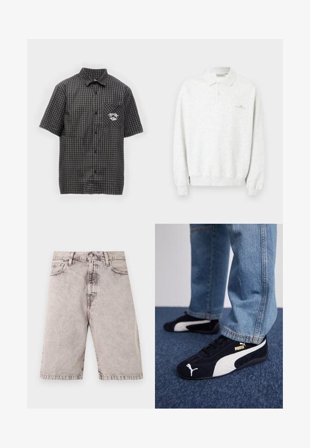 Polo blanc à manches longues avec deux boutons et poignets côtelés, arborant un logo brodé subtil sur la poitrine.; Chemise à manches courtes avec boutons, motif à carreaux noir et gris et petit logo sur la poche poitrine gauche.; Short en denim gris clair avec bouton devant, fermeture éclair, passants pour ceinture et poches latérales, présenté sur un fond blanc.; Baskets en daim noir avec accents blancs, arborant un logo doré. Portées avec un jean en denim bleu clair et posées sur une surface bleue texturée.