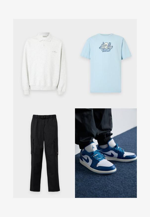 Polo blanco de manga larga con dos botones y puños acanalados, con un sutil logo bordado en el pecho.; Camiseta de algodón azul claro con un estampado gráfico de un pulpo y el texto "CARHARTT WIP GRAPHIC WORKS" en azul oscuro. Mangas cortas, cuello redondo.; Pantalones cargo negros con una cintura elástica, cinturón ajustable, múltiples bolsillos laterales y una textura de tela suave y ligera.; Las zapatillas Nike Air Jordan cuentan con una base de cuero blanco con acentos sintéticos azules, una caja de dedos perforada y cordones azules.