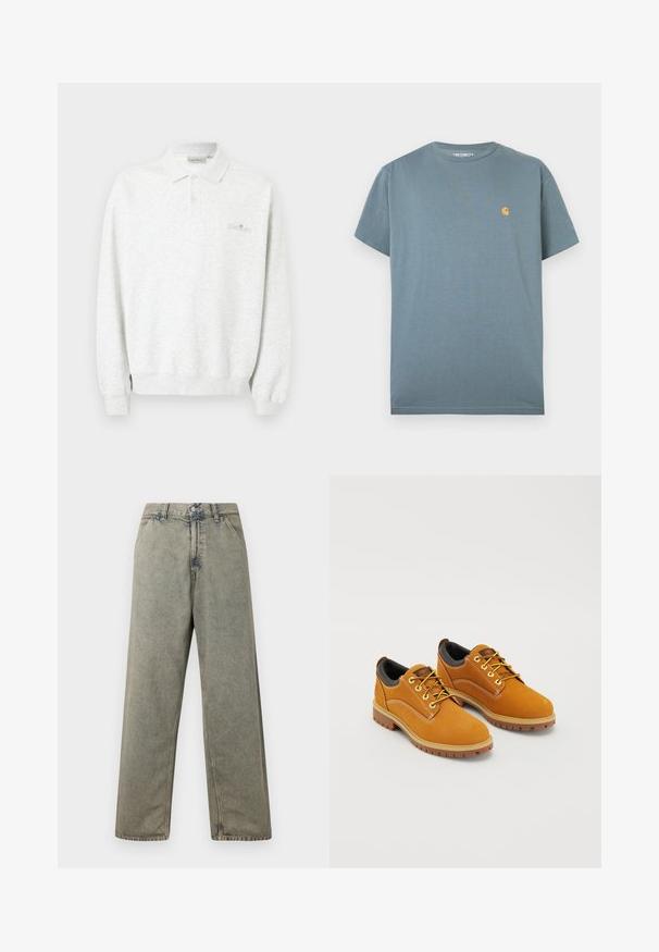 Polo blanc à manches longues avec deux boutons et poignets côtelés, arborant un logo brodé subtil sur la poitrine.; T-shirt Carhartt bleu à manches courtes avec petit logo jaune sur la poitrine gauche, posé à plat sur fond blanc.; Jean en denim à jambes larges de couleur gris délavé, avec une fermeture à boutons et un design traditionnel à cinq poches avec des détails de couture visibles.; Chaussures en daim marron avec un bout rond, des lacets jaunes, un col rembourré noir et des semelles en caoutchouc avec des rainures de traction.