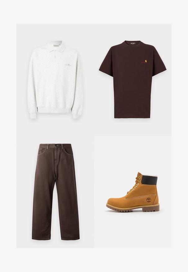 Polo blanc à manches longues avec deux boutons et poignets côtelés, arborant un logo brodé subtil sur la poitrine.; T-shirt en coton marron à manches courtes, col rond, logo sur la poitrine gauche en orange et rouge, ourlet droit et coupe décontractée.; Pantalons larges marron en coton, avec un design classique à cinq poches, une fermeture éclair et des détails de couture visibles.; Bottine en cuir brun avec œillets en métal, doublure en fourrure blanche, col rembourré noir, semelle robuste et logo en relief sur le côté.