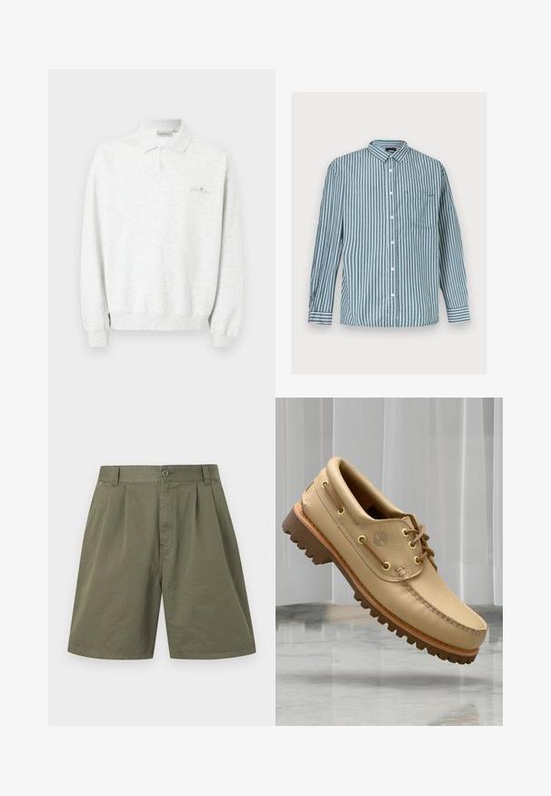Langermet hvit poloshirt med to knapper og ribbekanter, med subtil brodert logo på brystet.; Herreskjorte med lange ermer og knapper, med vertikale grønne og hvite striper og en brystlomme, lagt flatt på en lys bakgrunn.; Knelange bomullsshorts i olivengrønn med frontfolder, beltehemper, sidelommer, knapp og glidelåslukking.; Lys brun lær båt sko med tykk, rutfot og snøre detaljer, svevende over en marmorgulv og bakgrunn med hvite vertikale persienner.