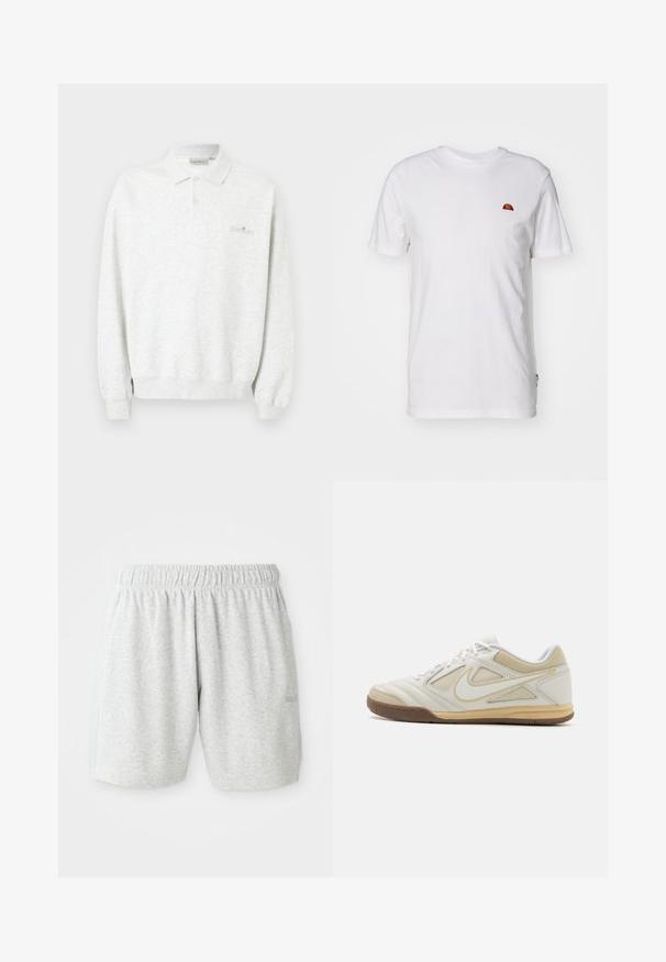 Langärmliges weißes Polohemd mit zwei Knöpfen und gerippten Bündchen, mit dezent besticktem Logo auf der Brust.; Weißes Baumwoll-T-Shirt mit kurzen Ärmeln und Rundhalsausschnitt. Verfügt über ein kleines, farbenfrohes Logo auf der linken Brustseite. Weicher Stoff.; Graue Baumwollshorts mit einem elastischen Bund, die über eine glatte Textur und seitliche Taschen verfügt. Dezentes Logo-Detail am Saum.; Weißer Sportschuh mit strukturiertem Obermaterial, grauen Akzenten, Schnürdesign und braunem Gummisohle. Verfügt über ein markantes Logo an der Seite.