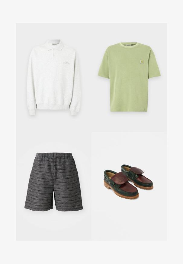 Polo blanc à manches longues avec deux boutons et poignets côtelés, arborant un logo brodé subtil sur la poitrine.; T-shirt vert clair à manches courtes avec une texture côtelée et un patch logo sur la poitrine. Coupe décontractée et encolure ronde.; Shorts gris avec une taille élastique, fabriqués dans un tissu texturé avec des rayures horizontales. Longueur mi-cuisse et coupe décontractée.; Chaussures en cuir avec un corps vert foncé, un dessus bordeaux, un bout rond, un rabat sécurisé et une semelle en caoutchouc texturée avec des rainures.