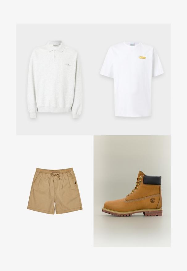 Hvid langærmet polo med to knapper og ribstrikkede manchetter, med diskret broderet logo på brystet.; Hvid kortærmet T-shirt med rund hals og et lille gult rektangulært Columbia Sportswear-logo på venstre bryst.; Beige bomuldsshorts med elastisk talje og snor, med sidelommer og en afslappet pasform. Enkel, glat tekstur uden mønstre.; Brun læderankelstøvle med sort krave, gule snørebånd og tanfarvet sål. Har logo og hvide syninger som detalje. Robust ydersål med greb.