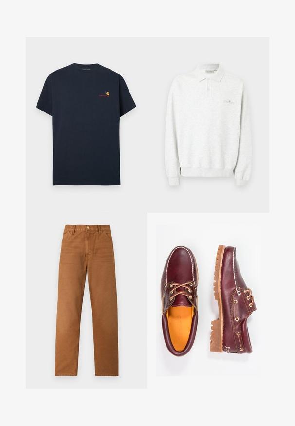 Polo blanc à manches longues avec deux boutons et poignets côtelés, arborant un logo brodé subtil sur la poitrine.; T-shirt en coton bleu marine à manches courtes et col rond. Présente un petit logo Carhartt en orange et rouge sur la poitrine gauche.; Pantalon marron à jambes droites avec passants de ceinture, poches avant et fermeture à bouton, présenté sur un fond clair uni.; Chaussures en cuir bourgogne avec semelles en caoutchouc marron, bout rond, couture blanche et œillets dorés. L'intérieur présente une doublure jaune.