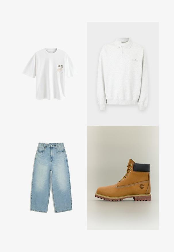 Wit poloshirt met lange mouwen, twee knopen en geribbelde manchetten, met subtiel geborduurd logo op de borst.; Next T-SHIRT - T-shirt print - white japan; Lichtblauwe denim jeans met hoge taille, wijde pijpen, voorzakken, riemlussen en een knoop-ritssluiting.; Bruine leren enkellaars met zwarte kraag, gele veters en een zandkleurige zool. Voorzien van een logo en witte stikseldetails. Robuuste loopzool met grip.