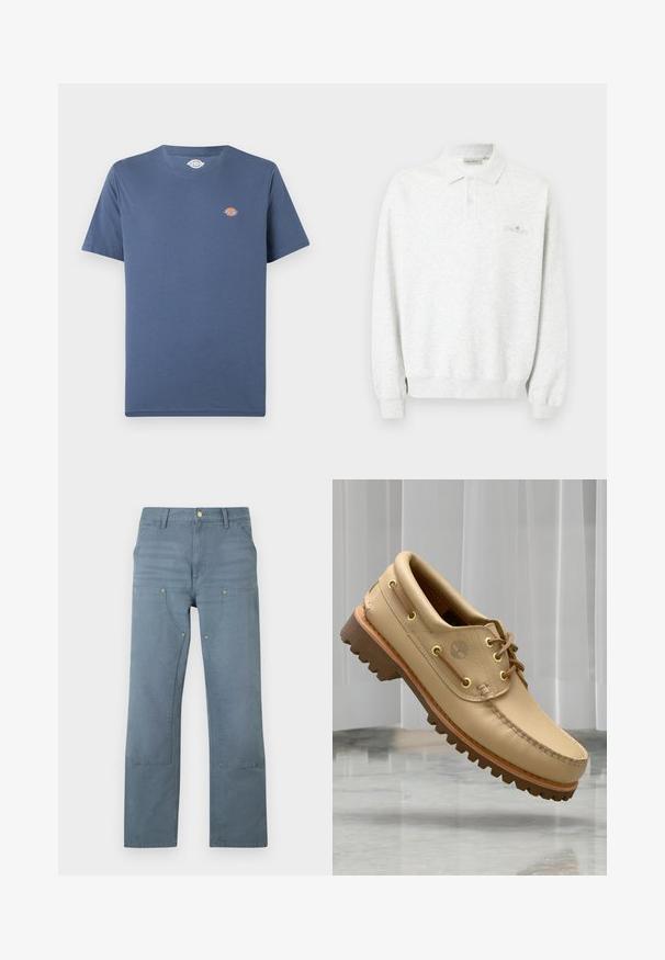 Polo blanc à manches longues avec deux boutons et poignets côtelés, arborant un logo brodé subtil sur la poitrine.; T-shirt bleu uni à manches courtes avec col rond, petit logo rond multicolore sur la partie gauche de la poitrine.; Pantalon en denim bleu à jambes droites, taille haute, poches avant et coutures renforcées sur les cuisses et les genoux, étalé à plat sur un fond blanc.; Chaussure bateau en cuir marron clair avec semelle épaisse et striée et détails de lacets, flottant au-dessus d'un sol en marbre et d'un fond de stores verticaux blancs.