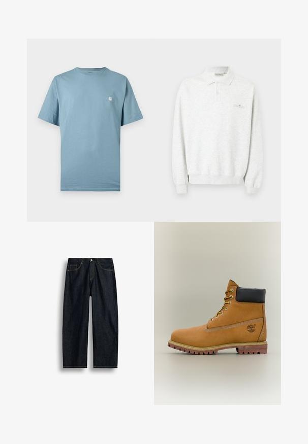 Wit poloshirt met lange mouwen, twee knopen en geribbelde manchetten, met subtiel geborduurd logo op de borst.; Lichtblauw T-shirt met korte mouwen en ronde hals, met een klein wit logo op de linkerborst, weergegeven tegen een effen achtergrond.; Donkerblauwe straight-leg spijkerbroek met gele stiksels, voorzakken en een knoopsluiting in de taille.; Bruine leren enkellaars met zwarte kraag, gele veters en een zandkleurige zool. Voorzien van een logo en witte stikseldetails. Robuuste loopzool met grip.