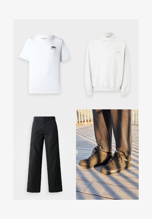 Polo blanco de manga larga con dos botones y puños acanalados, con un sutil logo bordado en el pecho.; Camiseta de algodón blanca con cuello redondo, mangas cortas y un pequeño gráfico negro en el pecho. Textura suave y corte estándar.; Pantalones de pierna ancha negros hechos de algodón. Cuenta con cierre de botón, lazos para cinturón y bolsillos laterales. Textura suave con un corte ajustado.; Las botas de senderismo negras de Timberland presentan un diseño de caña alta, una superficie texturizada y cordones redondos, todo ello sobre un fondo de suelo de madera.