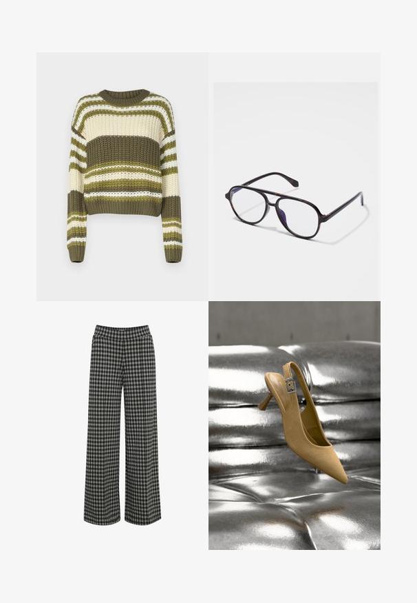 Jersey de punto grueso con cuello redondo, que presenta rayas horizontales alternas en verde oliva, crema y blanco. Largo recortado y mangas largas.; ICHI IHKATE - Pantalones - vetiver; Zapato beige de ante con tacón kitten y tira trasera, con una hebilla plateada, colocado sobre una superficie metálica brillante y capitonada.; Gafas estilo aviador de carey negro con lentes transparentes descansando sobre una superficie blanca.