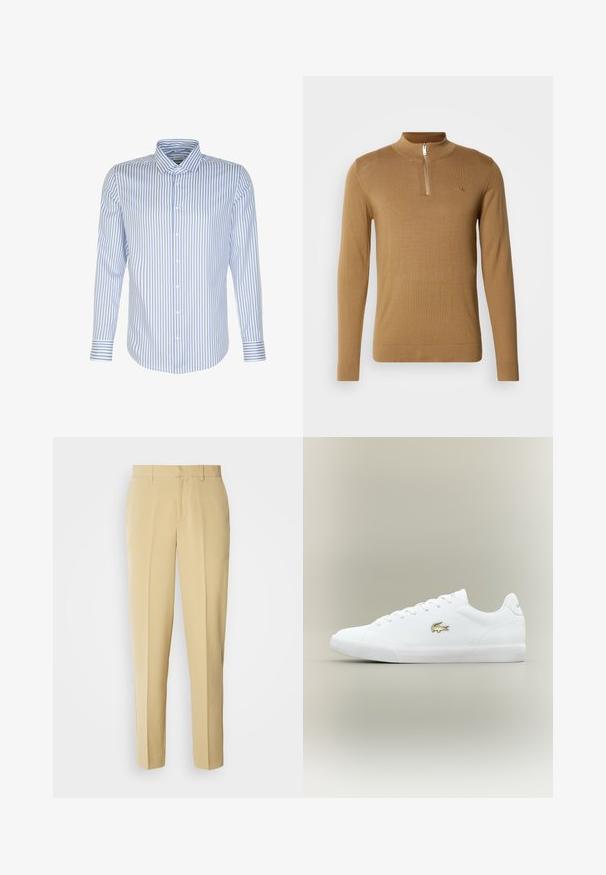 Brun, langærmet pullover med høj krave og halv lynlås. Glat tekstur med et lille, præget logo på brystet.; Herreskjorte med lange ærmer, lyseblå og hvide striber, knaplukning foran, klassisk krave, bomuldsstof, glat tekstur, buet kant.; Beige skræddersyede bukser med lige pasform, flad front og sidelommer. Fremstillet af et glat stof med en let glans.; Hvide lædersneakers med guldlogo, flade snørebånd, tekstureret hvid sål, rund tå og minimalistisk design.