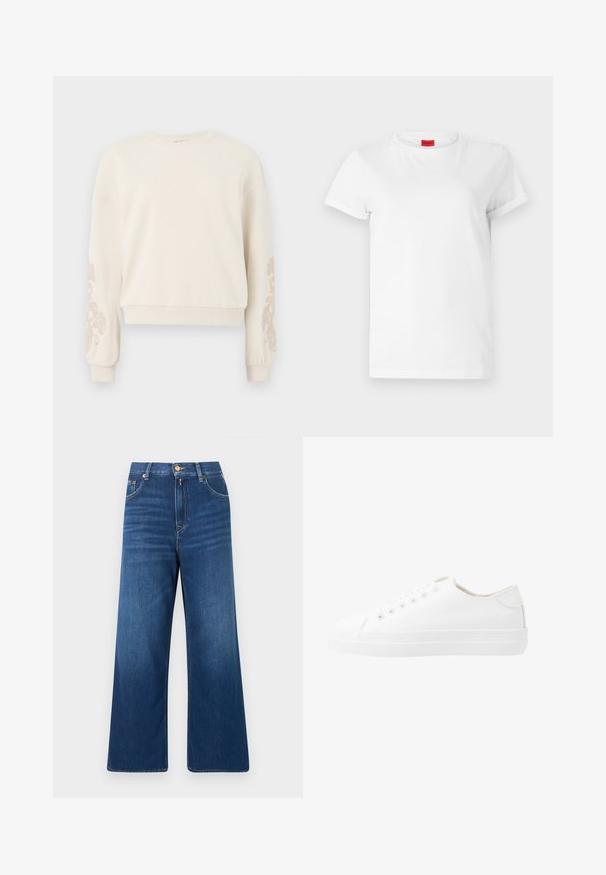 Sweatshirt couleur crème avec un col rond, orné de broderies florales sur les manches. Texture douce et design court avec des poignets côtelés.; T-shirt blanc à manches courtes en coton léger. Présente un col rond et des manches retroussées. Étiquette logo rouge sur le col.; Jean en denim bleu à jambes larges avec taille haute, fermeture avant par bouton et zip, et poches avant et arrière.; Baskets blanches en toile au design bas, bout rond, six œillets et semelle en caoutchouc texturé. Matériau lisse avec des accents minimalistes.