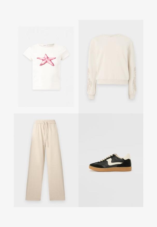Sweatshirt couleur crème avec un col rond, orné de broderies florales sur les manches. Texture douce et design court avec des poignets côtelés.; T-shirt blanc à manches courtes avec un grand motif d'étoile de mer rose centré à l'avant.; Pantalon beige à jambes larges avec taille élastique et cordon de serrage, ourlet droit, sans poches apparentes, présenté à plat sur un fond clair.; Baskets en daim et cuir noir avec un swoosh latéral crème et un talon crème clair. Dotées de lacets beige et d'une semelle en caoutchouc gomme.